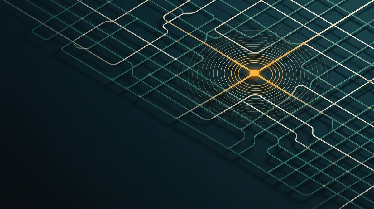 Abstract artwork: a single node lighting up and radiating through a lattice of policy lifecycle events
